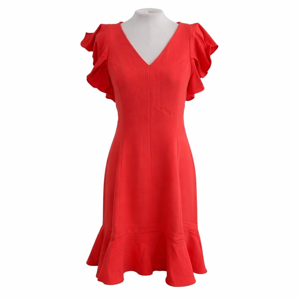NWT Eliza J Coral Red Ruffle Sleeve V-Neck Flounce Hem Dress 12 Flutter Feminine